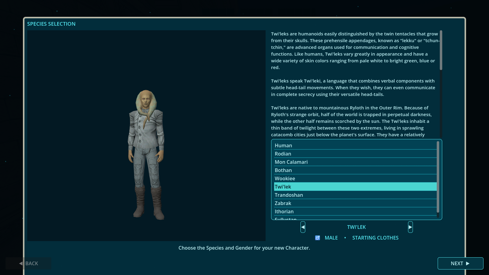 Twi'lek species selection in the developing character creation interface
