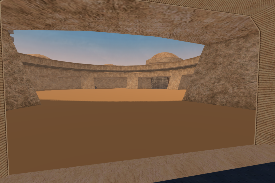 Development capture looking out from a starport hangar into a courtyard