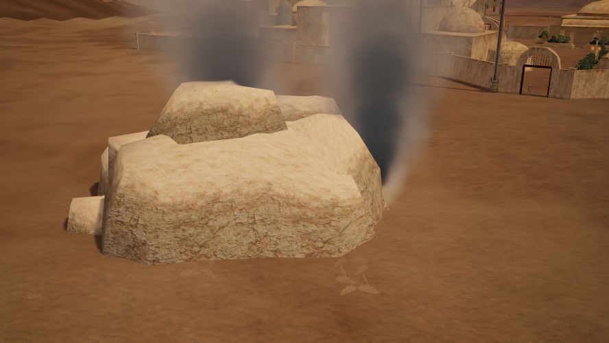 A damaged desert structure pouring dark smoke into the sky