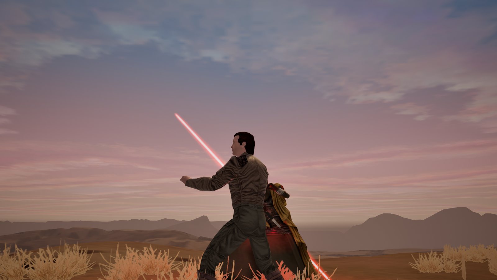 A character in a jacket holds a red lightsaber against a pink dusk sky over Tatooine's desert