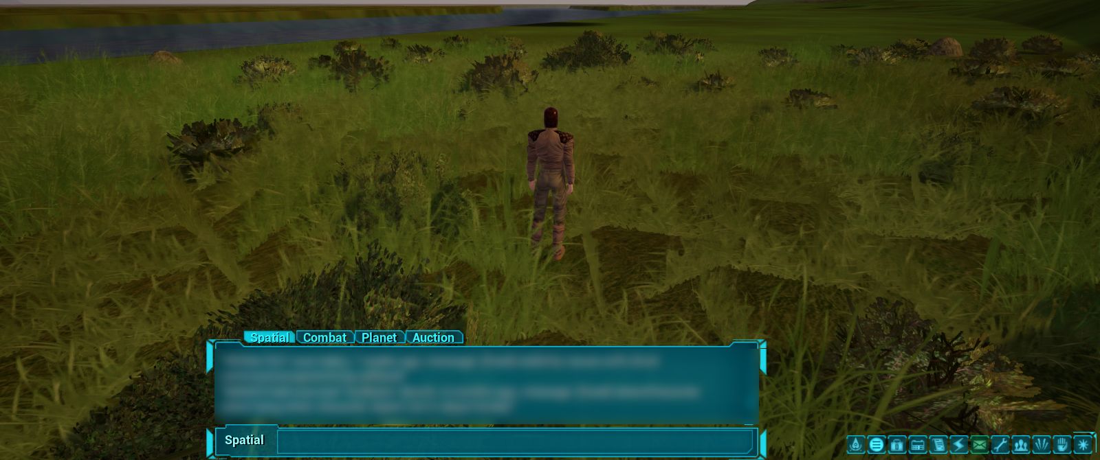 A character stands in a Naboo meadow with the chat window and toolbar along the bottom of the screen