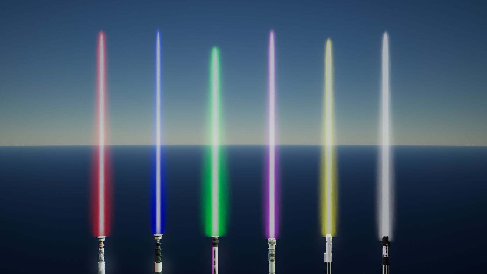 Six ignited lightsabers in red, blue, green, purple, yellow and white standing over an ocean horizon