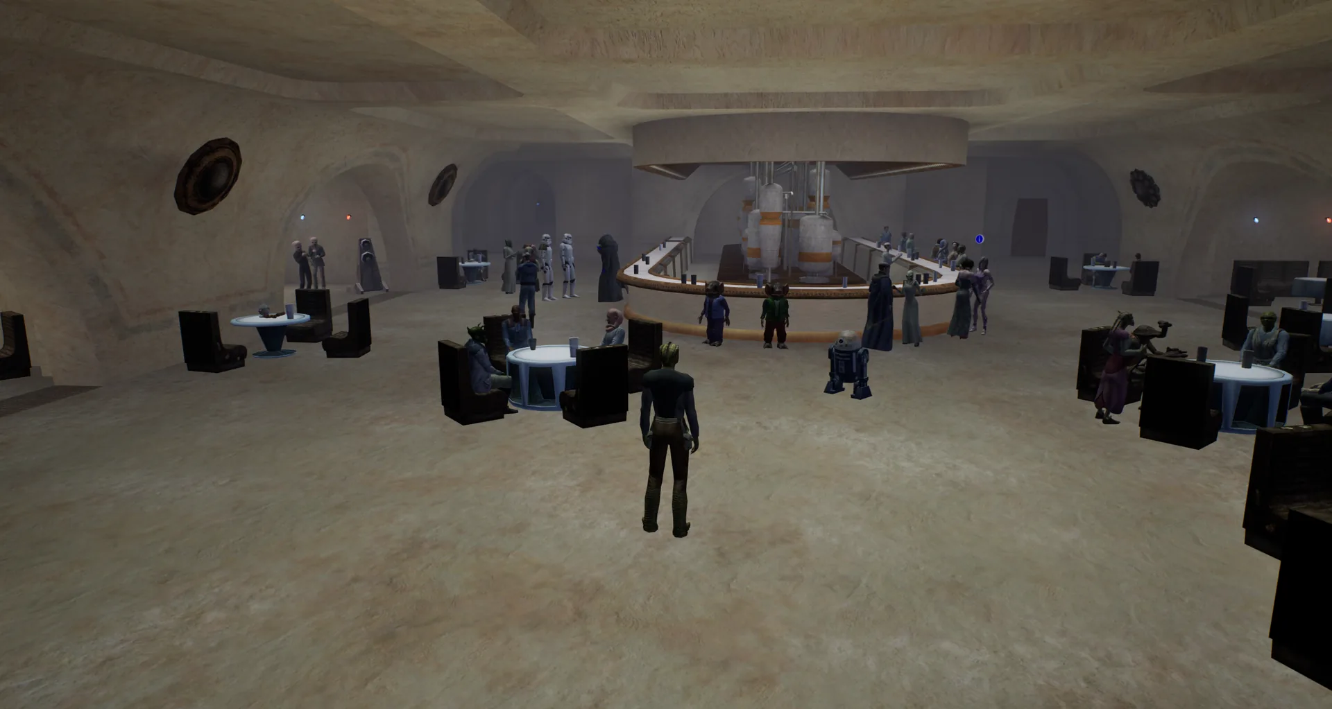 The Mos Eisley cantina, full of patrons around the central bar