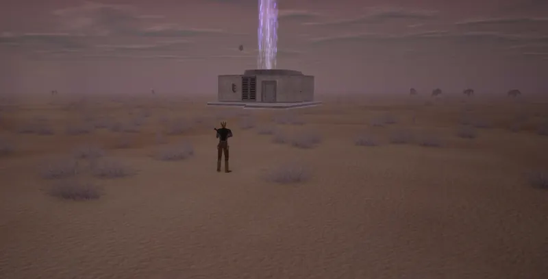 A player in the desert near a small building with a purple beam of light rising from it