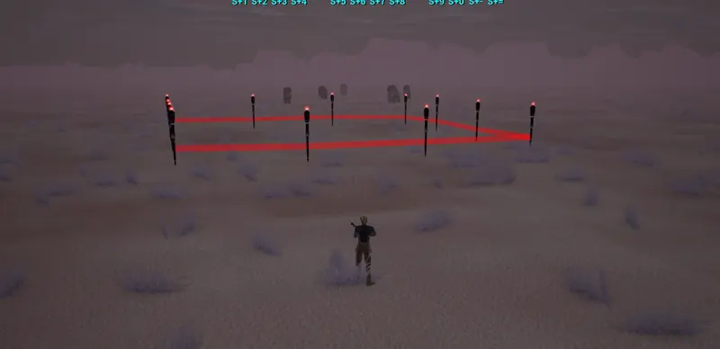 A player on desert flats in front of a line of posts strung with red rope