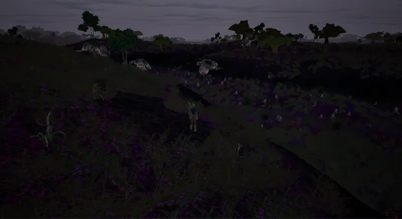 Rolling grassland with purple flora and trees under a dusk sky