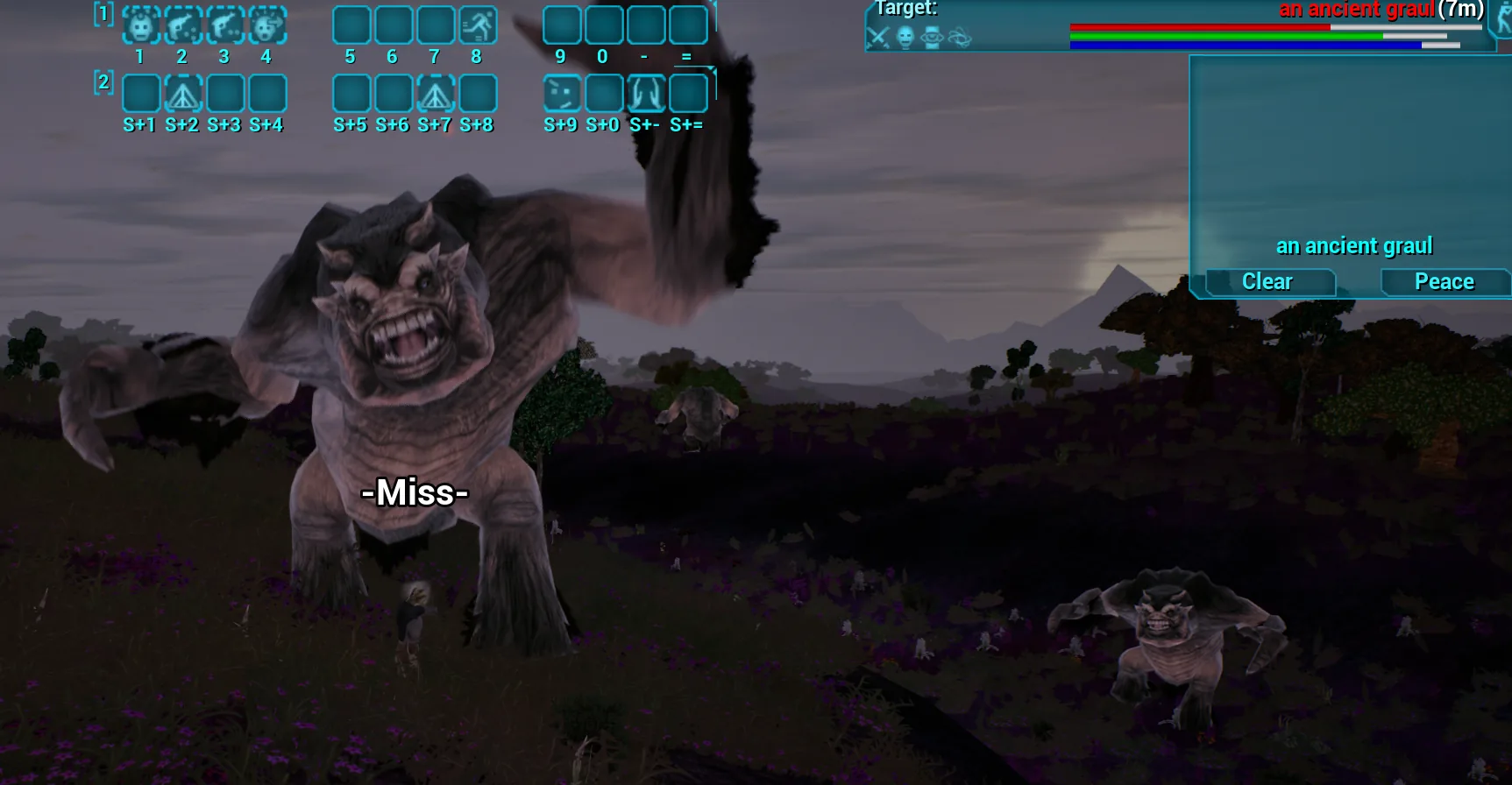 A player fighting an ancient graul at dusk, with the hotbars and target window on screen