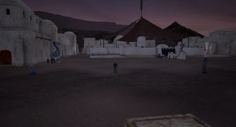 Domed adobe buildings and a tent tower in a Tatooine town at dusk