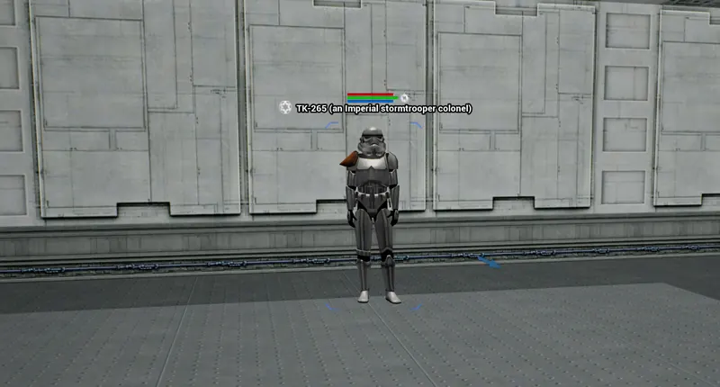 An Imperial stormtrooper colonel standing in a grey Imperial interior