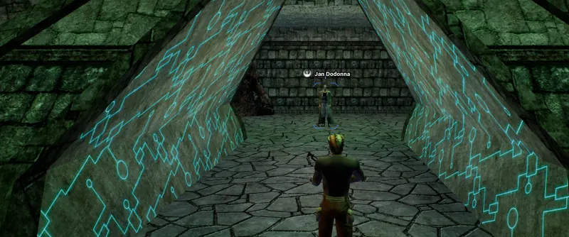 A corridor in the Massassi temple with glowing circuit patterns, where Jan Dodonna stands