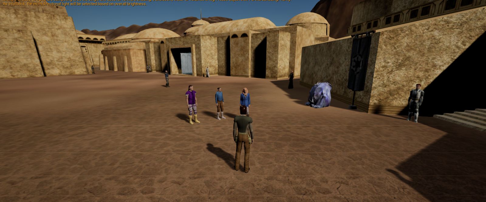 Players and NPCs in a sunlit Mos Eisley street between domed adobe buildings